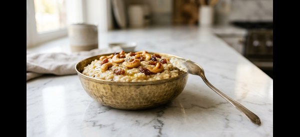 Traditional temple style sweet pongal served in a brass bowl with golden cashews and raisins