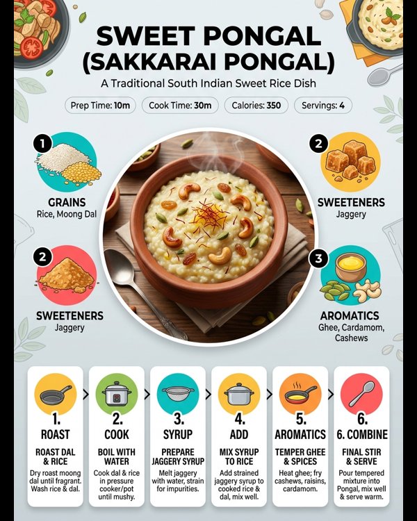 Traditional temple style sweet pongal served in a brass bowl with golden cashews and raisins