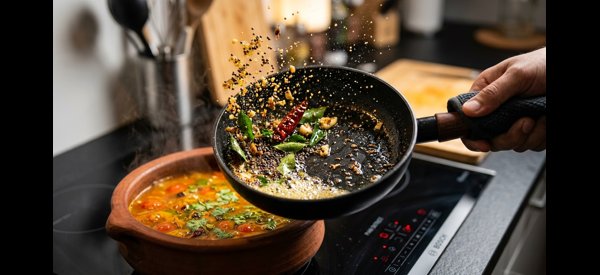 Pouring the hot oil tempering with curry leaves and mustard seeds into the rasam pot Pouring the hot oil tempering with curry leaves and mustard seeds into the rasam pot