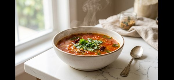 A steaming bowl of vibrant red Tomato Rasam garnished with fresh coriander leaves A steaming bowl of vibrant red Tomato Rasam garnished with fresh coriander leaves