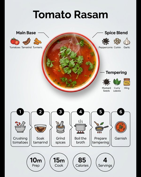 A steaming bowl of vibrant red Tomato Rasam garnished with fresh coriander leaves A steaming bowl of vibrant red Tomato Rasam garnished with fresh coriander leaves