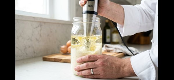 Immersion blender creating thick white eggless mayonnaise in a glass jar Immersion blender creating thick white eggless mayonnaise in a glass jar
