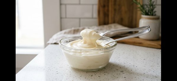 Creamy white eggless veg mayonnaise in a glass bowl on a modern marble countertop Creamy white eggless veg mayonnaise in a glass bowl on a modern marble countertop