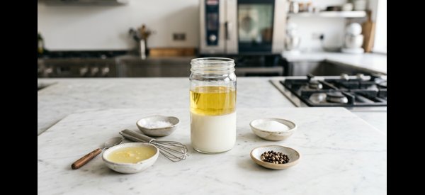 Chilled milk and spices at the bottom of a tall glass blending jar Chilled milk and spices at the bottom of a tall glass blending jar