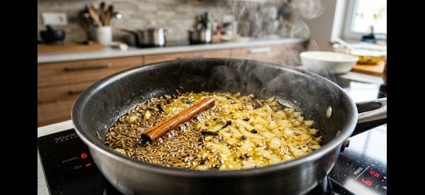 The finished vegetable rice being fluffed with a fork in a modern stainless steel pot