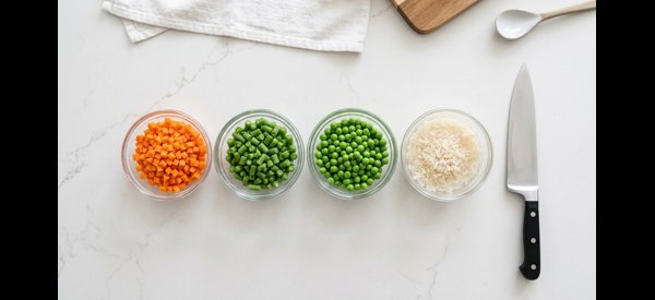 A variety of chopped vegetables and soaked rice in glass bowls on a white counter