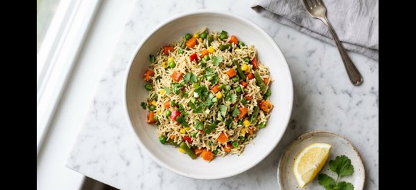 A colorful plate of vegetable rice served with fresh herbs and a side of yogurt