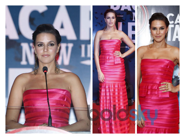 Neha Dhupia's Gaudy BCBG Dress At Barcadi Event