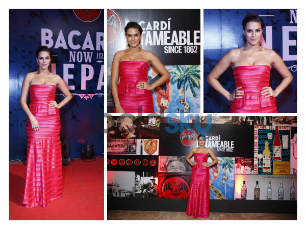 Neha Dhupia's Gaudy BCBG Dress At Barcadi Event