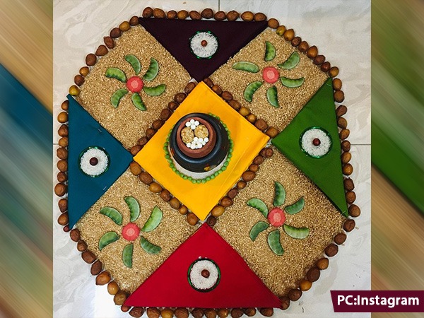 ಸುಗ್ಗಿಯ ಹಬ್ಬಕ್ಕೆ ಧಾನ್ಯದ ರಂಗೋಲಿ