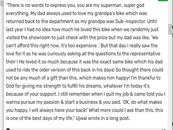 Son gifts his father dream bike