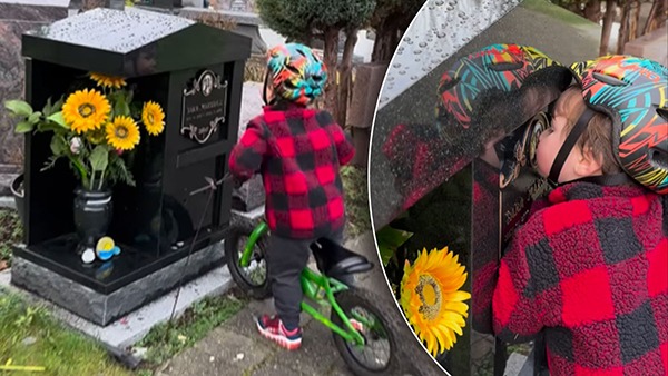 Little Boy Kisses His Mothers Gravestone,