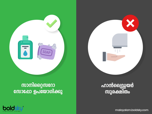 ഹാൻഡ്ഡ്രൈയർ സുരക്ഷിതം -സാനിറ്റൈസറോ സോപ്പോ ഉപയോഗിക്കൂ