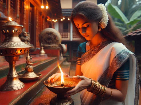 woman lighting lamp