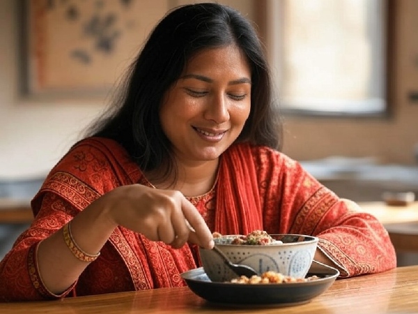 woman eating kanji