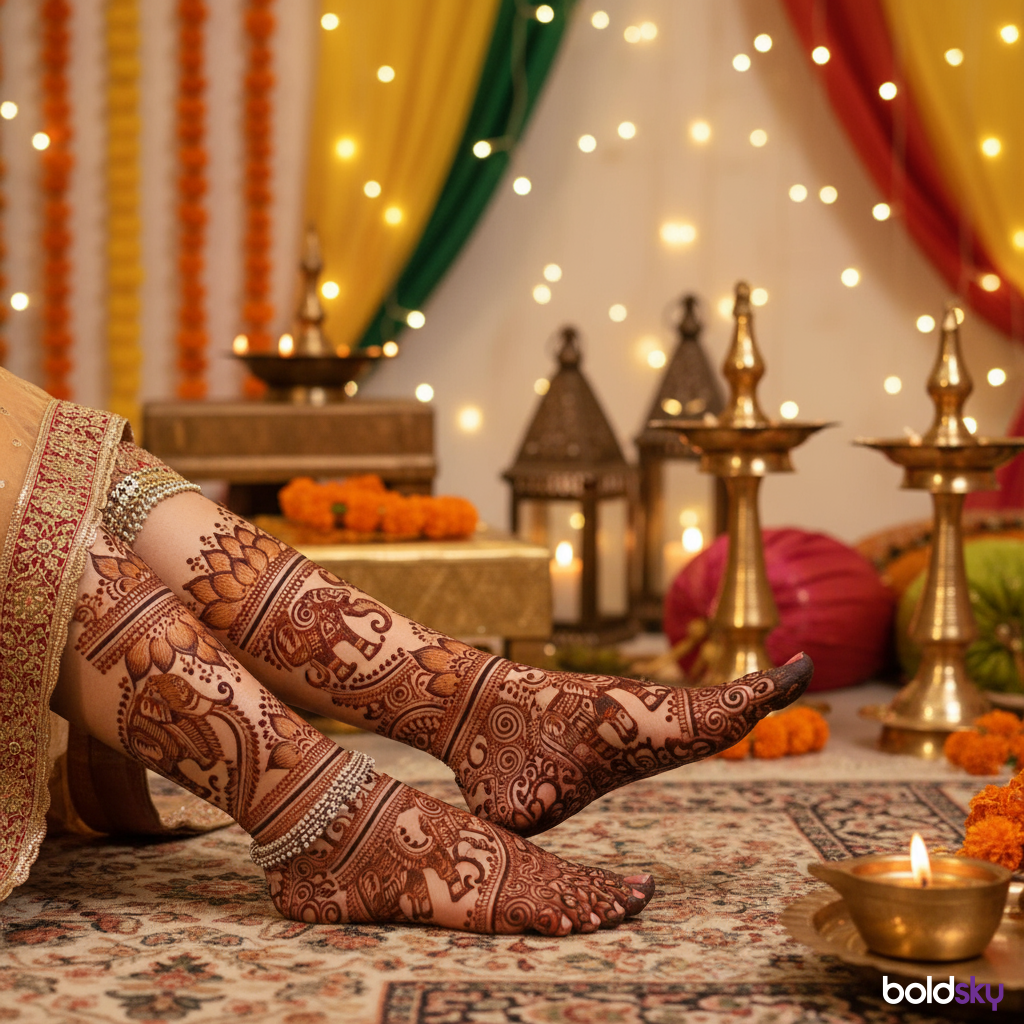 Lotus elephant bridal leg mehndi