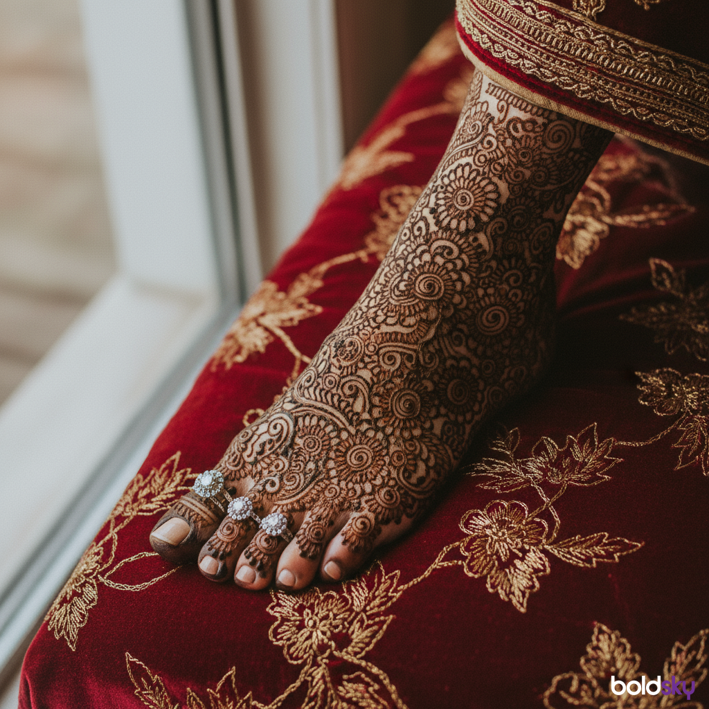 Intricate meshwork bridal foot mehndi