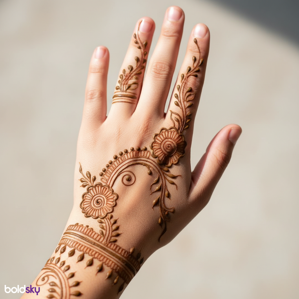 Back of left hand floral vine mehndi.