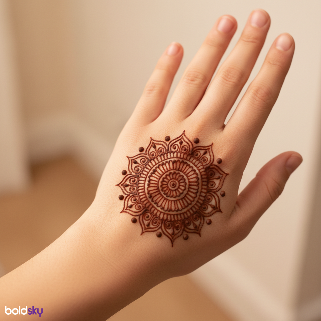 Left hand back central mandala mehndi.