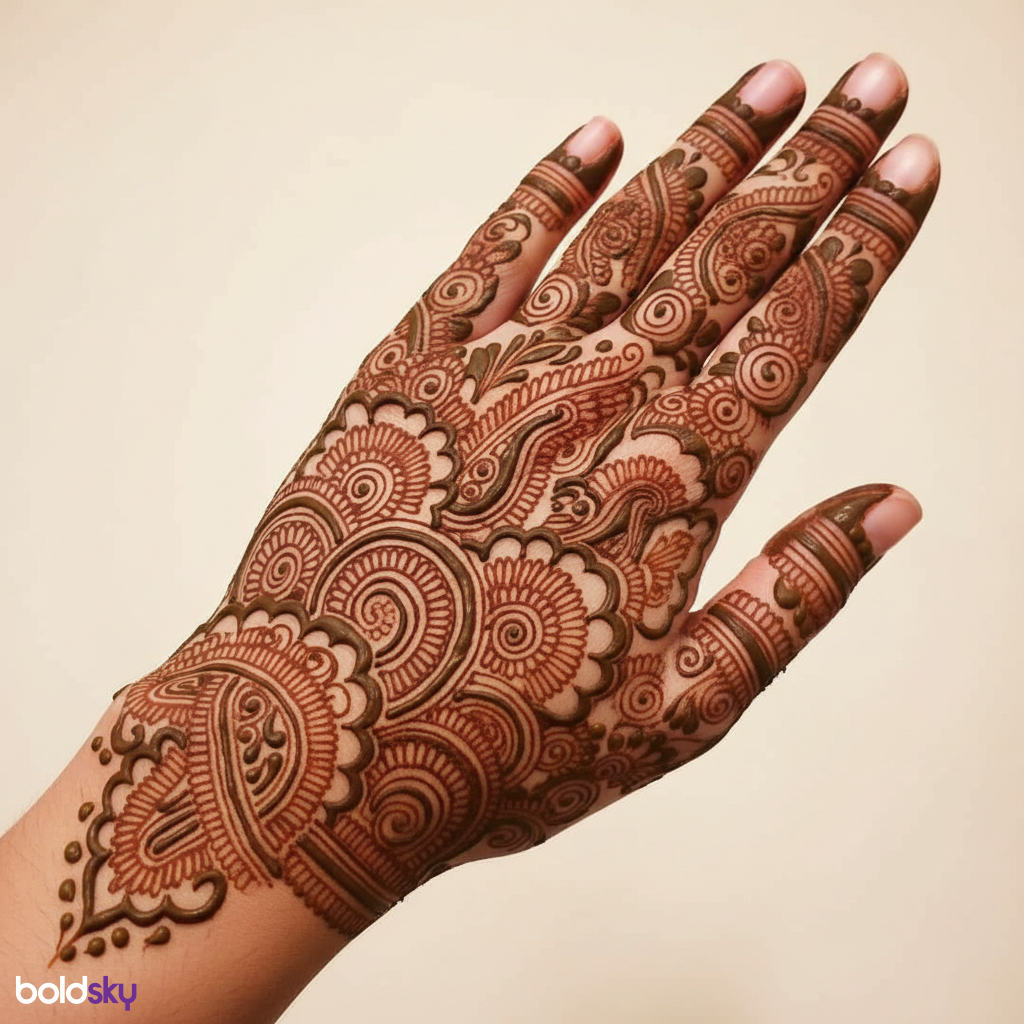 Left hand back paisley leaf mehndi.