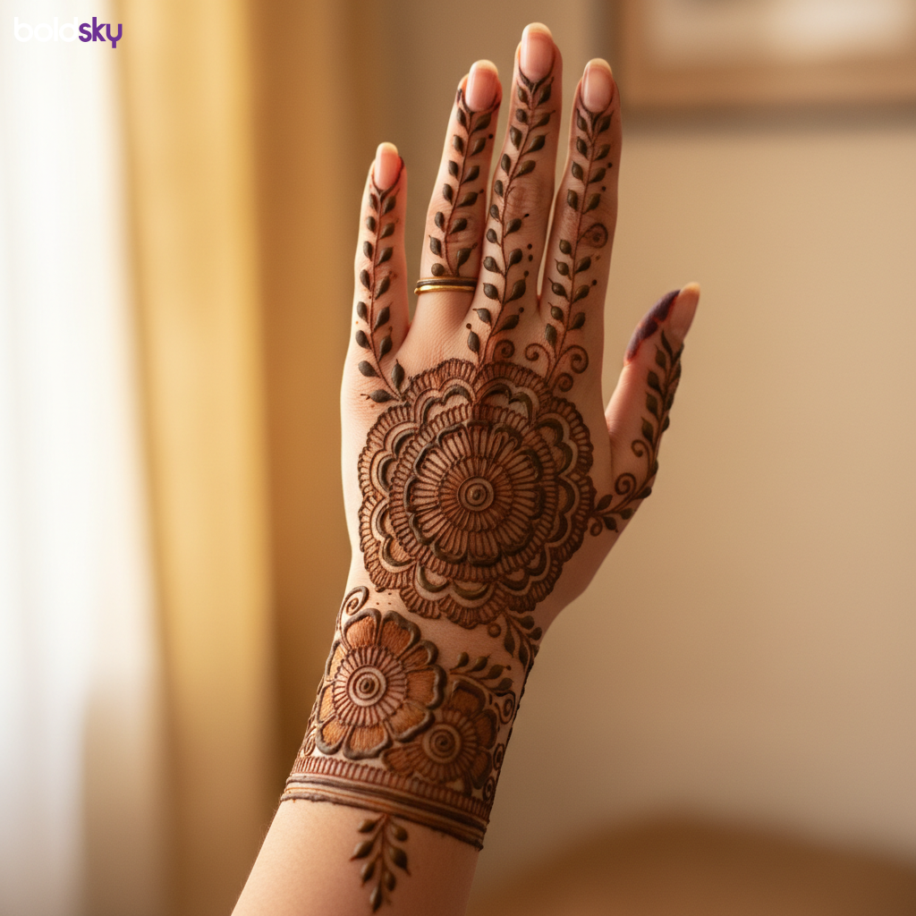 Back of left hand bridal floral mehndi.