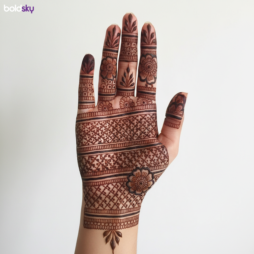 Front of right hand geometric bridal mehndi.