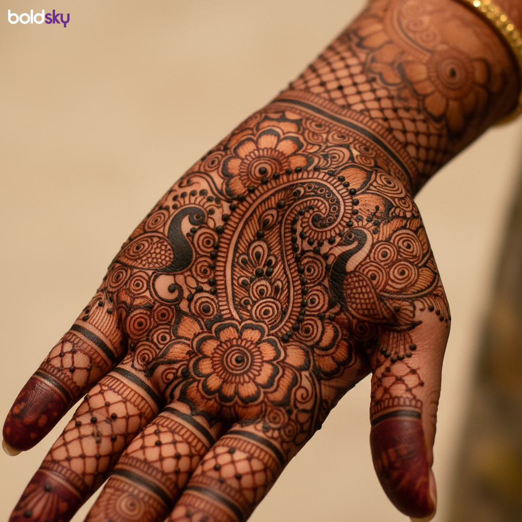 Left palm dense traditional bridal mehndi.