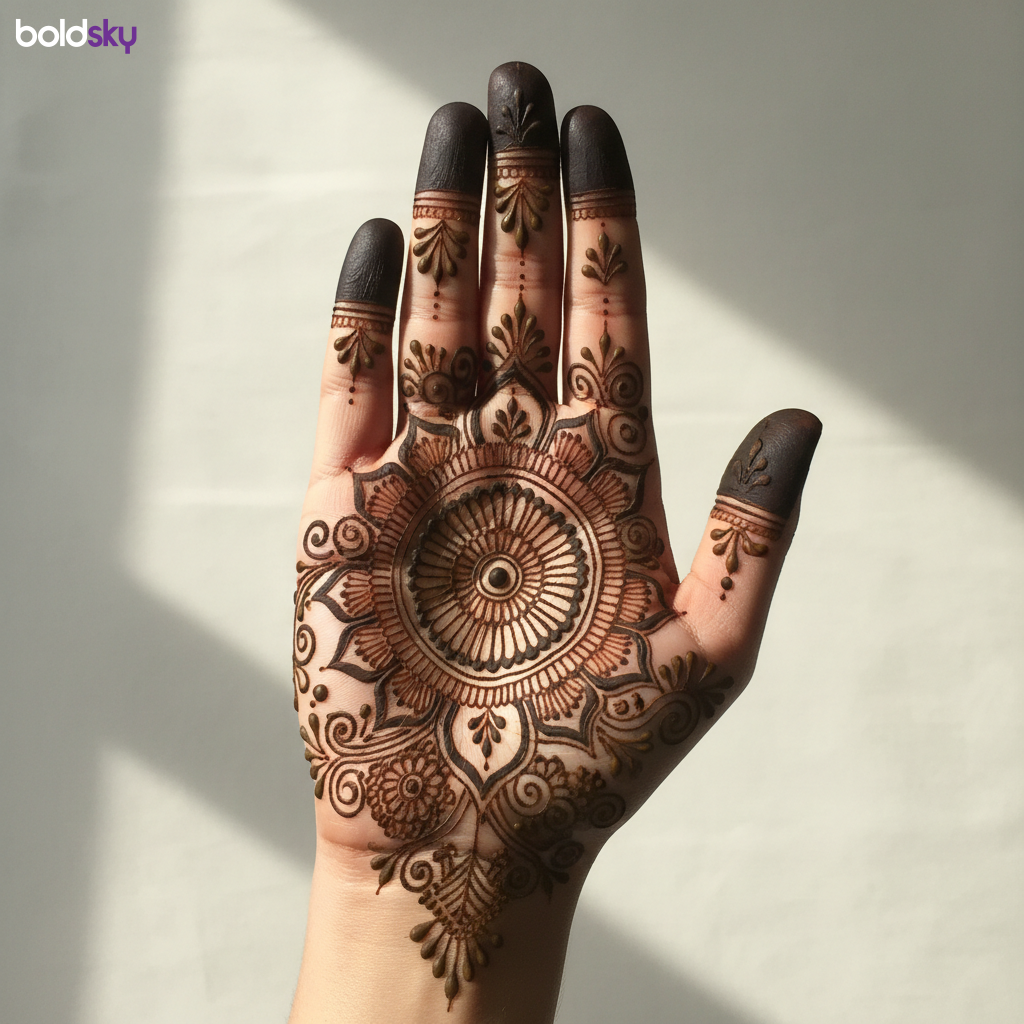 Right palm elegant bridal mehndi design.