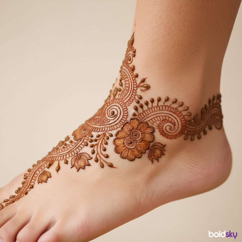 Ankle bracelet style foot mehndi design.