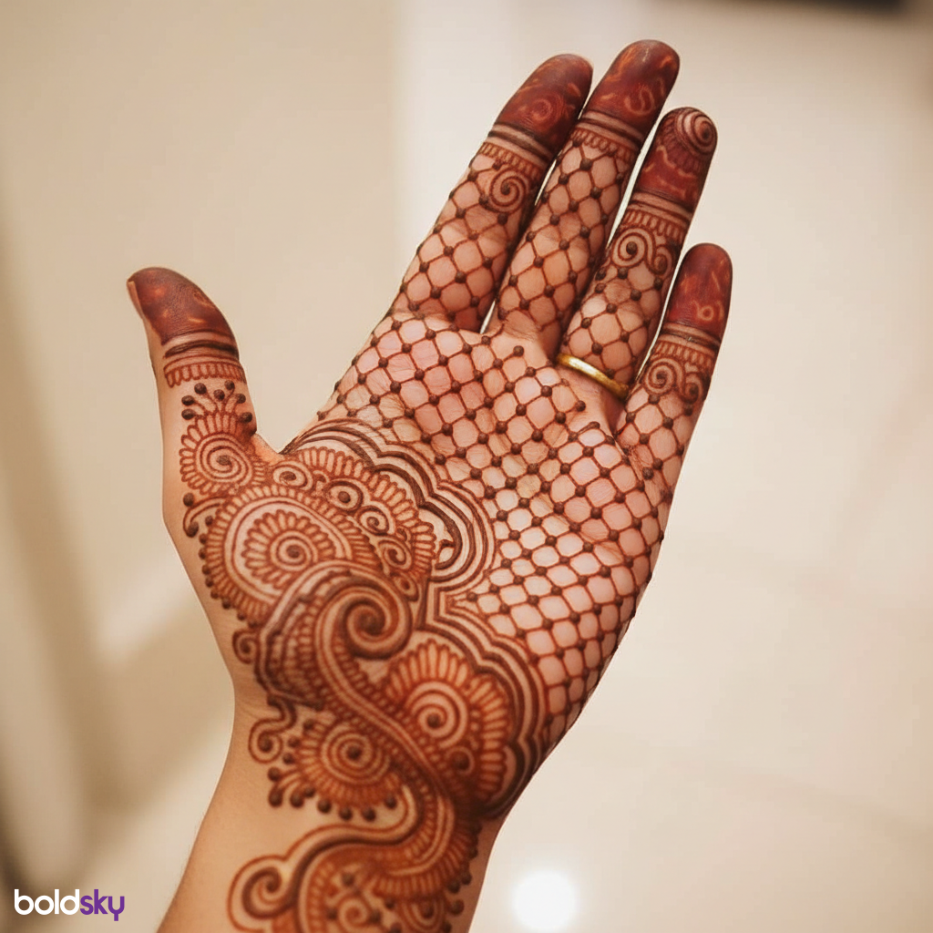 Front full hand jaali paisley mehndi design