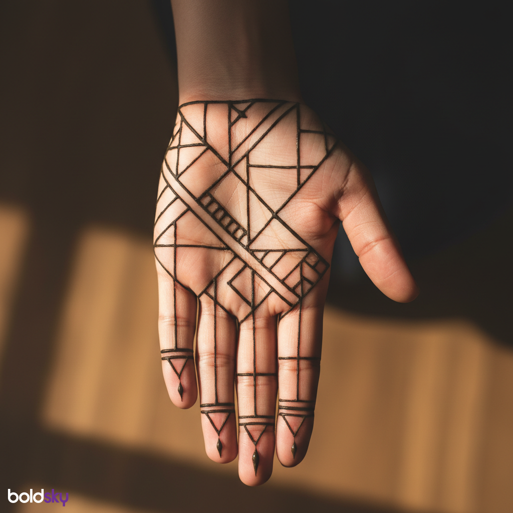 Front full hand modern geometric mehndi
