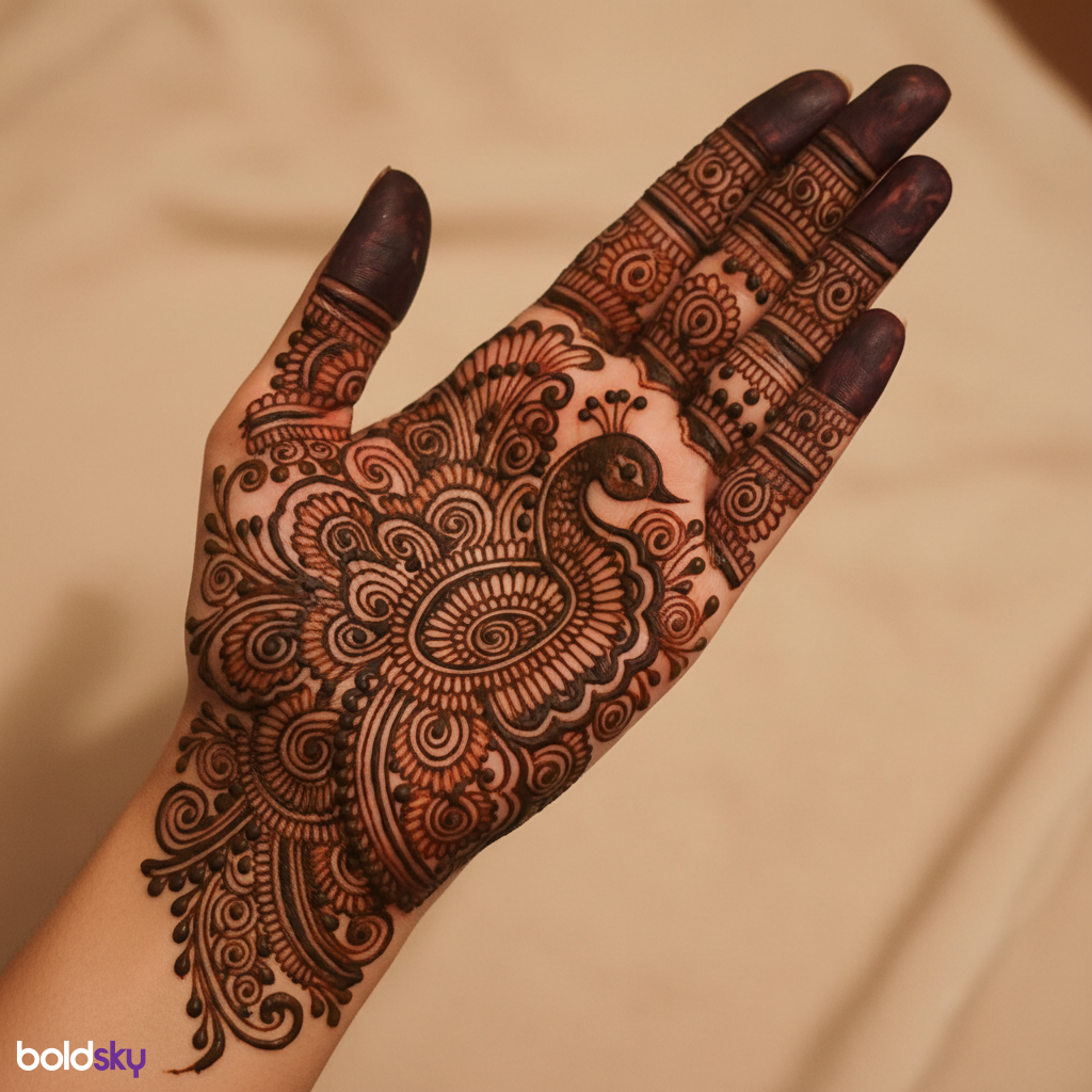 Front full hand peacock swirl mehndi
