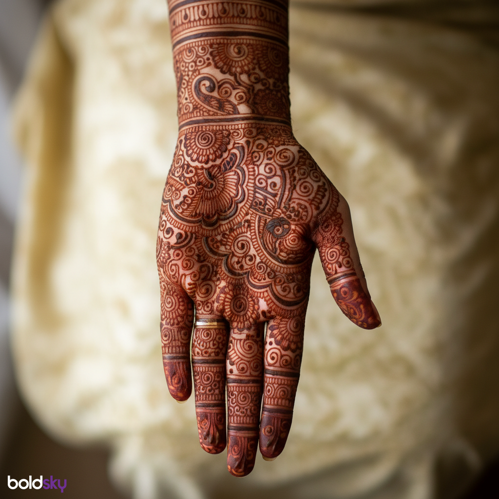 Front full hand dense bridal mehndi design