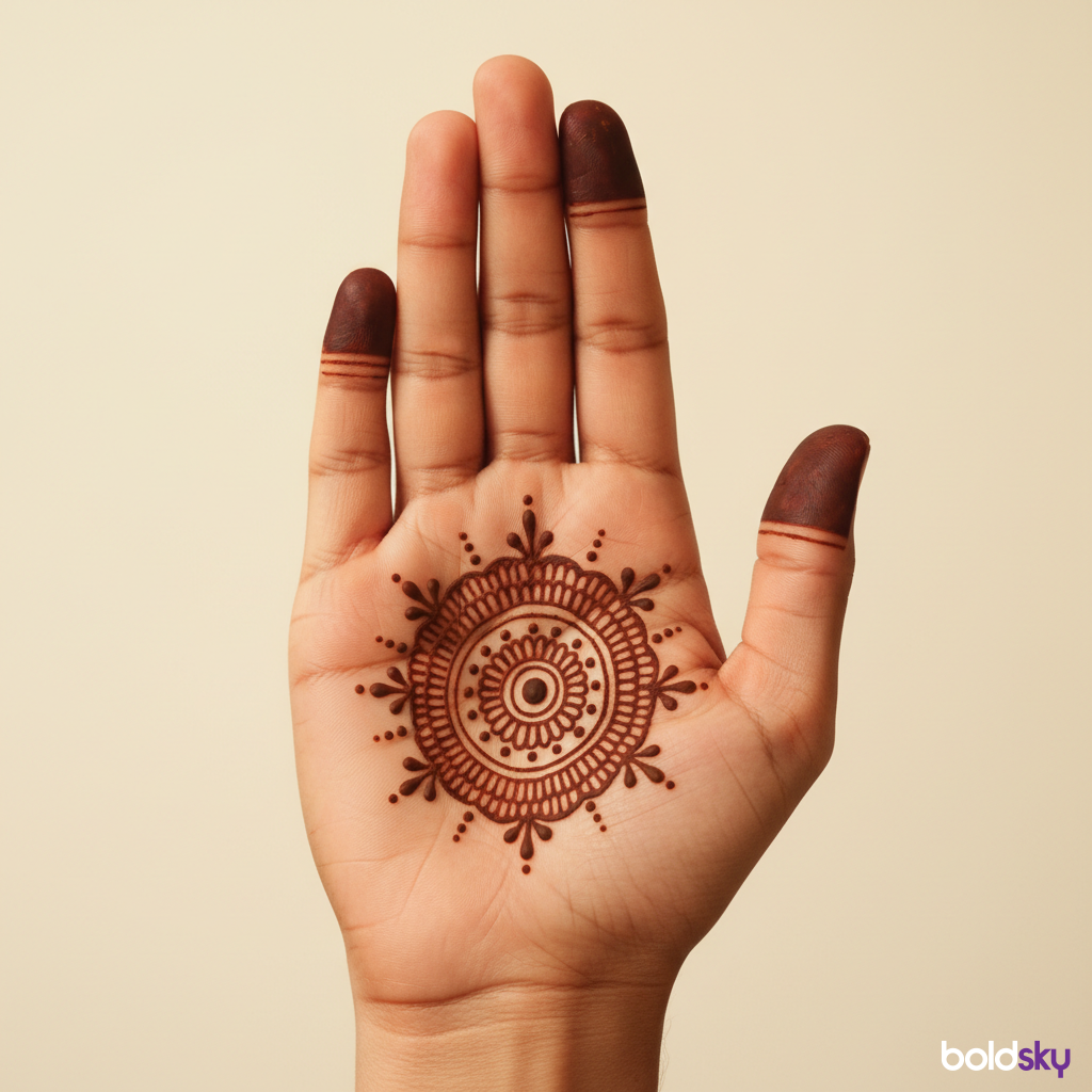 Minimalist palm mandala mehndi design.