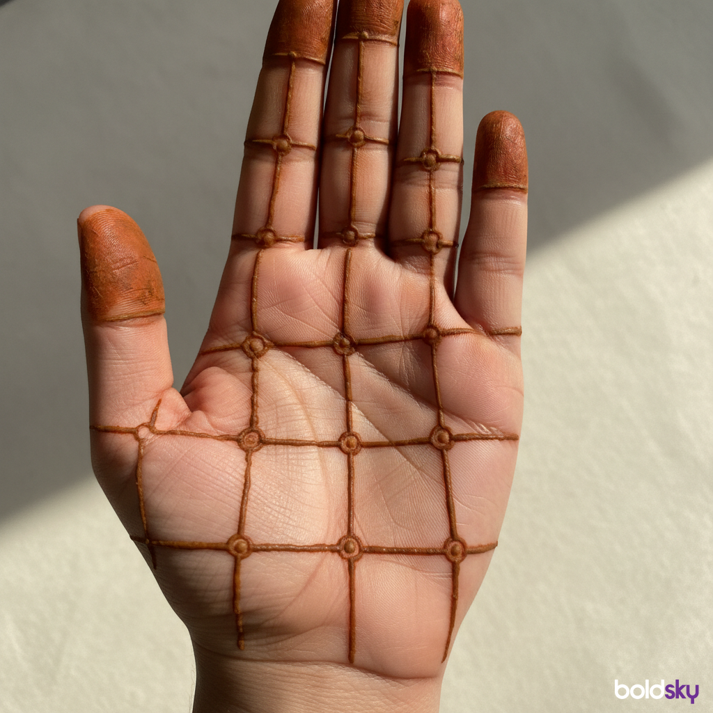 Geometric grid dot front hand mehndi.