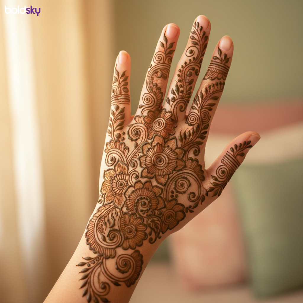 Left hand back floral vine mehndi.