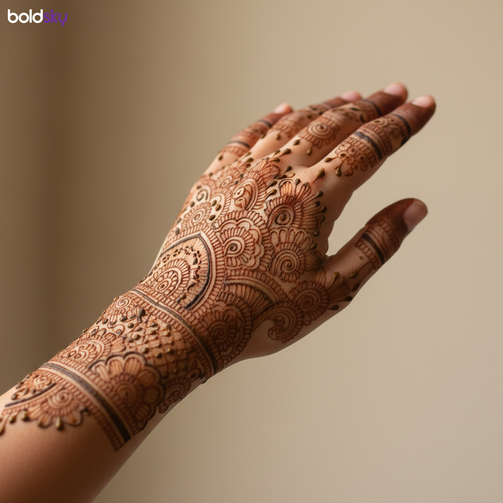 Left hand fingers wrist jaali mehndi.
