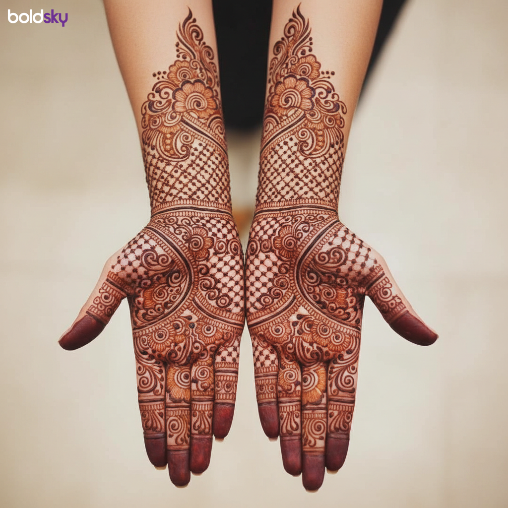 Both palms symmetrical bridal mehndi.