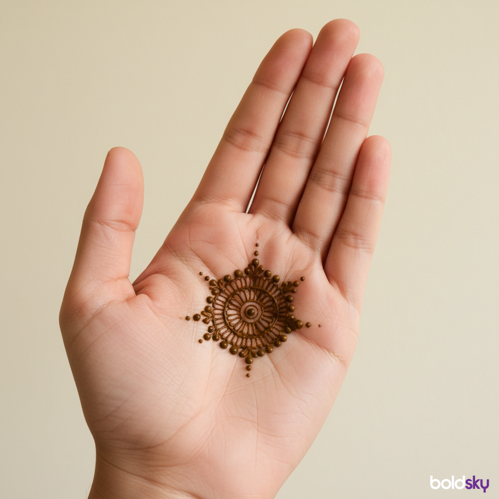Left palm small groom mehndi motif.