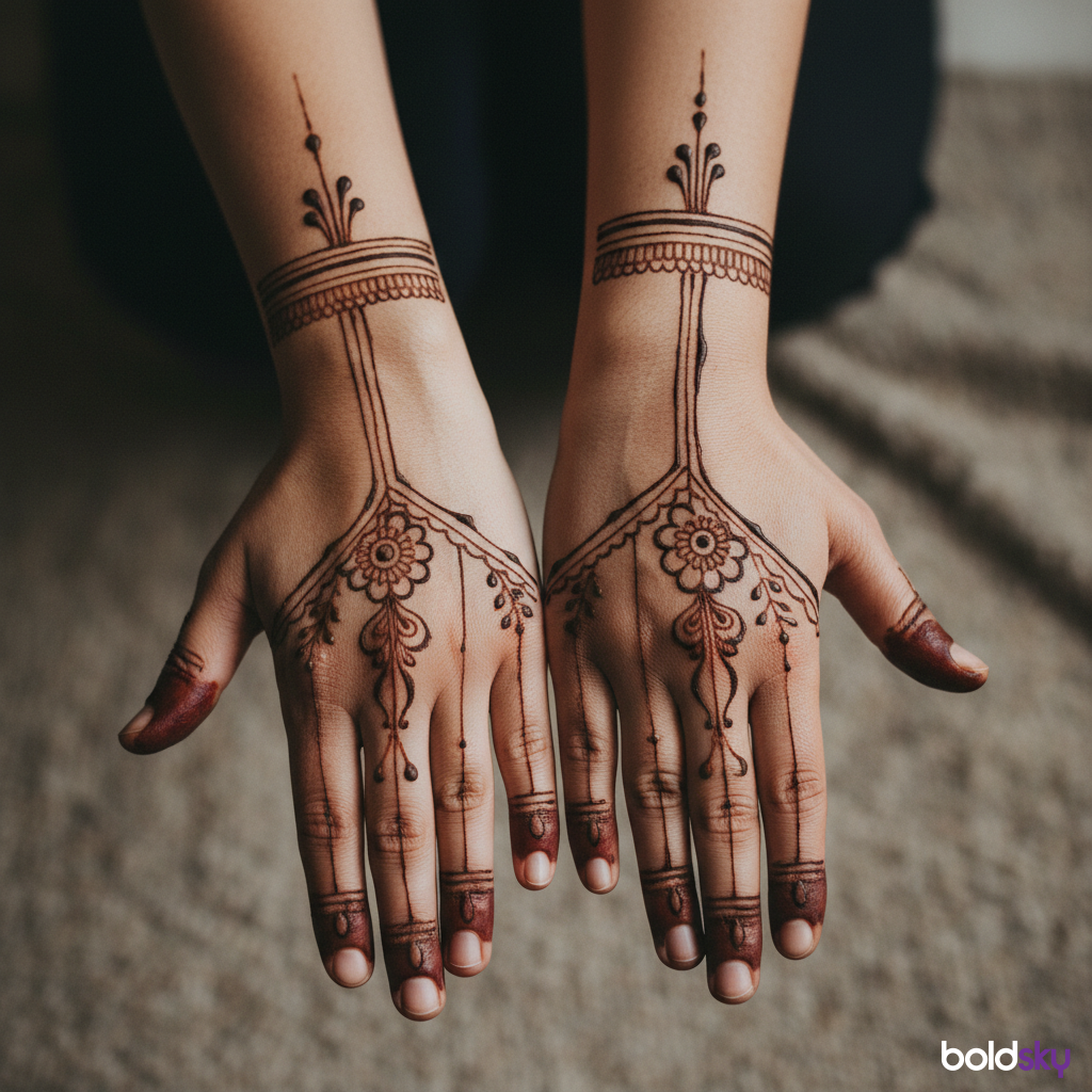 Both hands back minimalist groom mehndi.