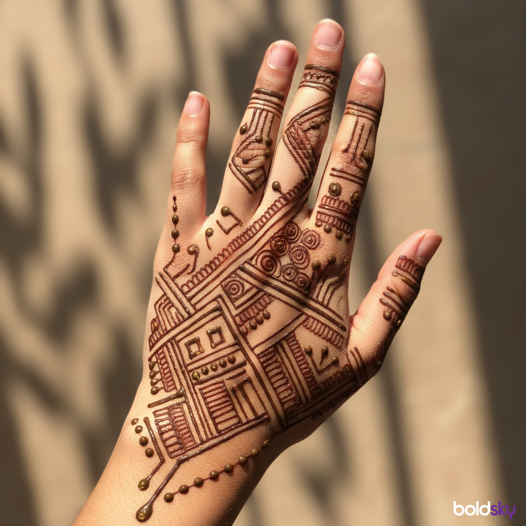 Left  hand back modern groom mehndi.