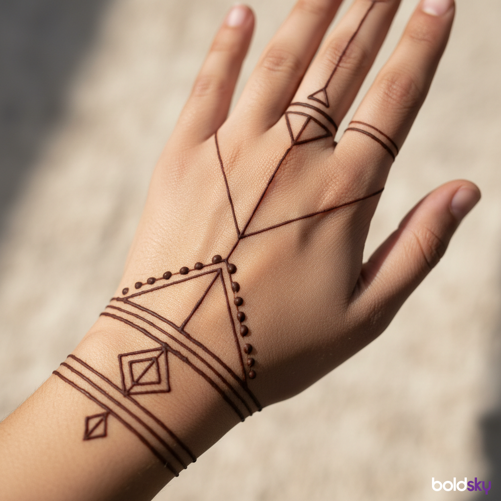 Left hand back geometric groom mehndi.