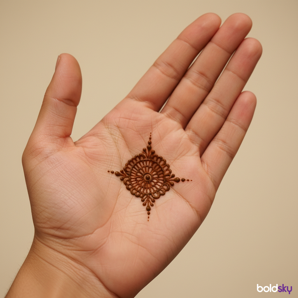 Left palm small groom mehndi motif.