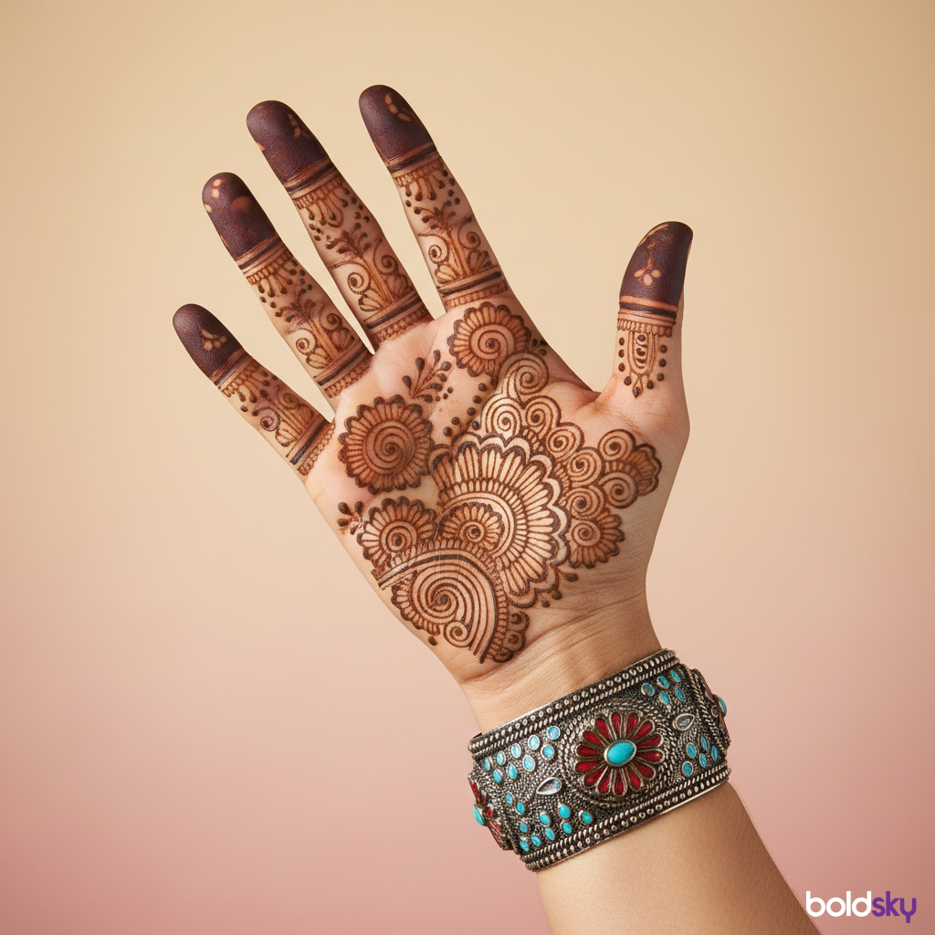 Right palm groom mehndi fingertips wrist.