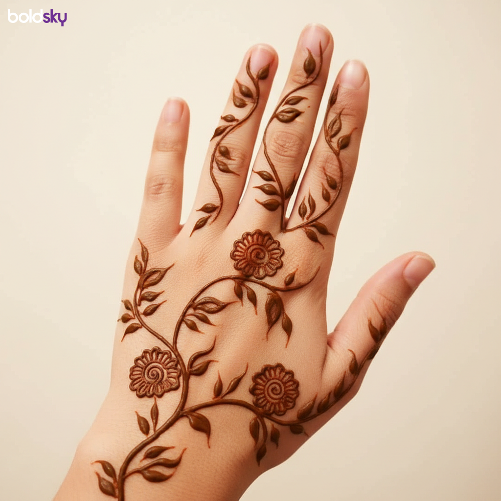 Back of left hand modern floral mehndi.