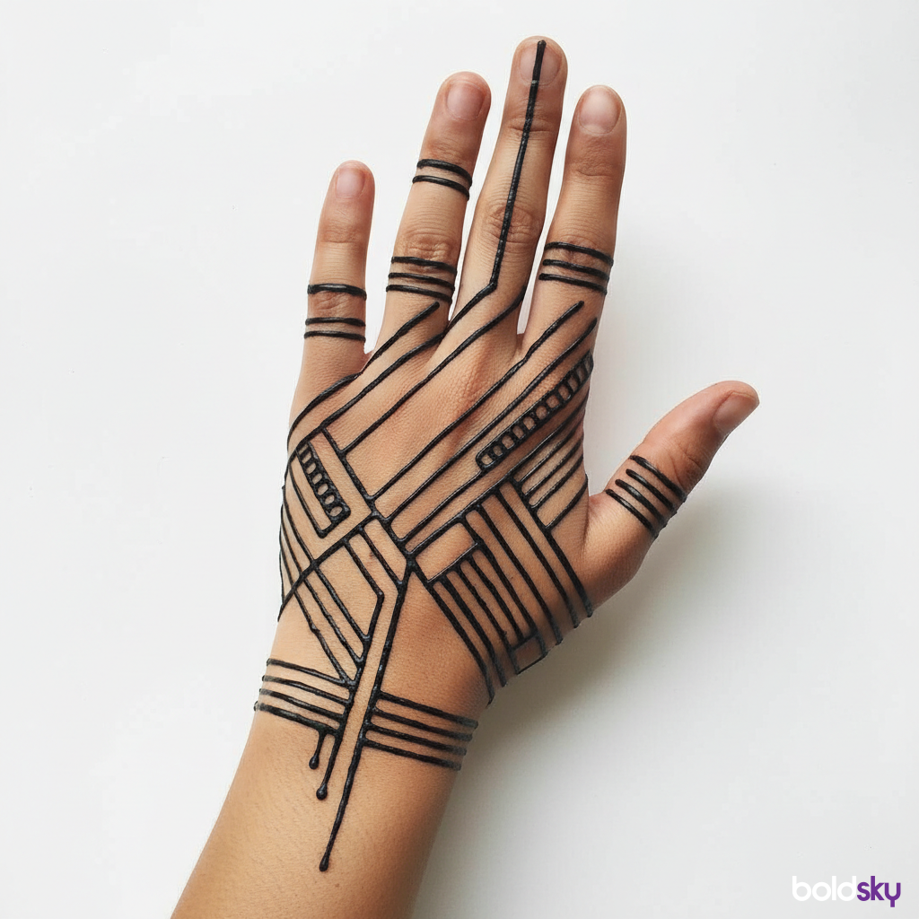 Left hand back modern geometric mehndi