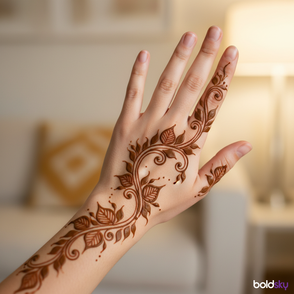 Back of left hand vine leafy mehndi