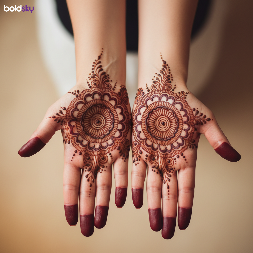 Front of hands with simple mandala mehndi.