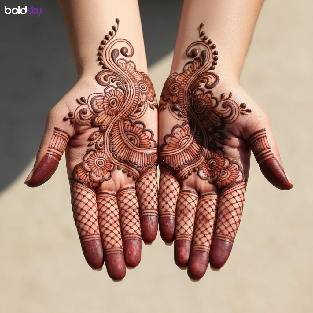Palms with easy paisley and netting mehndi.