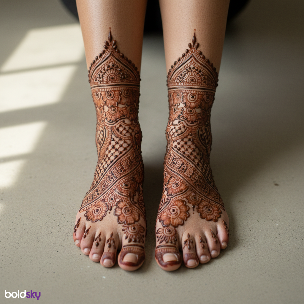 Feet traditional mehndi design close-up